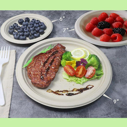 GreenWorks 100 Count 7“ Compostable Plates, Unbleached Biodegradable Bagasse and Bamboo fiber Paper Plates