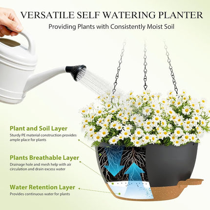 SQKH 10 Inch Hanging Baskets 2 PC with Chains, Self-Watering Hanging Planters for Indoor Outdoor Plants, Plastic Hanging Flower Pots,Black Brown