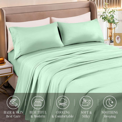Elegant Comfort Luxurious 4-Piece Silky Satin Sheet Set, Skin and Hair Friendly, Wrinkle, Fade, Stain Resistant with Deep Pockets Fitted Sheet, Cooling Soft Satin Sheet Set, Twin, Mint Green