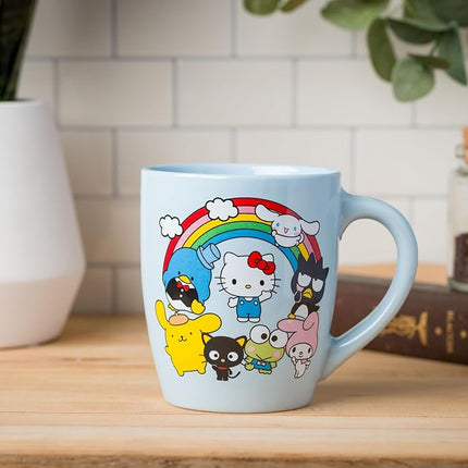 Silver Buffalo Sanrio Hello Kitty and Friends Featuring Badtz-Maru, My Melody, Cinnamoroll, Pompompurin, Tuxedo Sam, Keroppi, and Chococat Rainbow Jumbo Curved Ceramic Mug, 25 Ounces
