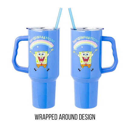 Silver Buffalo Spongebob Squarepants “Imaginaaation!” Stainless Steel Tumbler with Handle, Fits in Standard Cup Holder, 40 Ounces