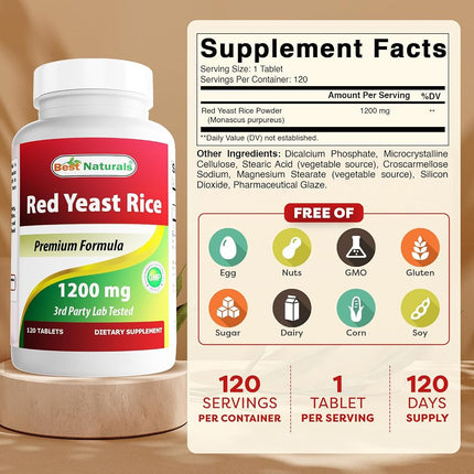 Best Naturals Red Yeast Rice Cholesterol Support 1200 mg (Non-GMO) 120 Tablets (120 Count (Pack of 2))