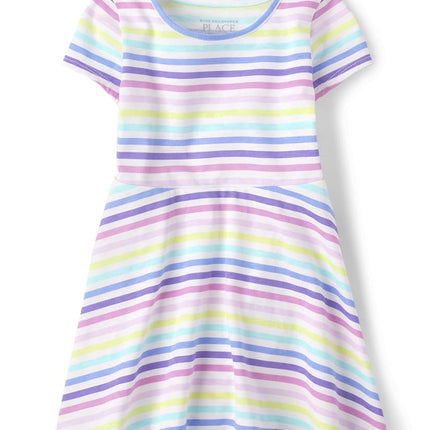 The Children's Place Robe Patineuse à Manches Courtes pour Bébé Taille Unique et Fille Tout-Petit, Rayures Arc-en-ciel, 3T