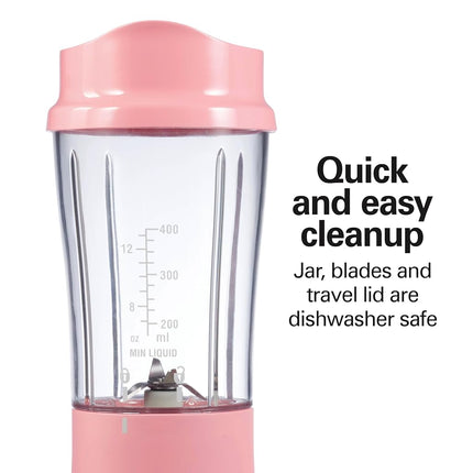 Hamilton Beach Personal Blender for Smoothies & Protein Shakes, Portable Single Serve Blender with Travel Lid, 14 oz BPA-Free Jar, 175W, Compact Countertop Blender Coral, 51171