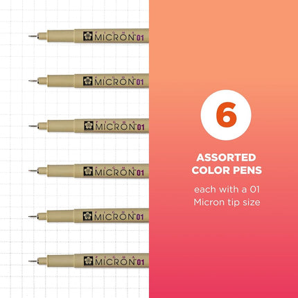 Sakura .25mm Pigma Micron Pens #01, Pack of 6, Black/Red/Blue/Green/Brown and Purple