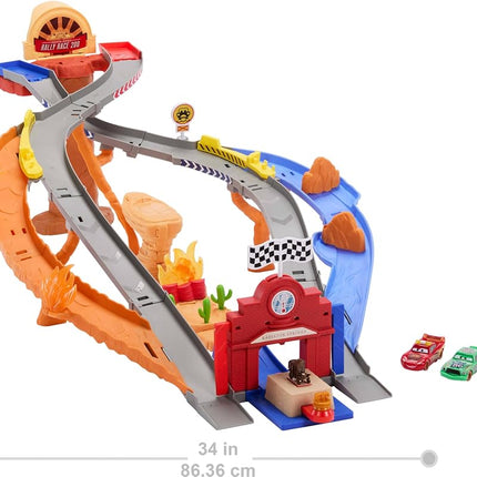 Mattel Disney and Pixar Cars Toy Playset, Lightning McQueen & Chicks Hicks & 2 Pitty Crew Vehicles, 2 Ways to Race, Race & Rescue Rescue Road Raceway, JFL57