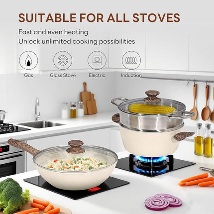 Pots and Pans Set Non Stick, Induction Cookware Kitchen Set for Cooking on Stove, Nonstick Kitchen Cookware Set Frying Pans with Glass Lid and Detachable Handle, 17 Pcs, Beige
