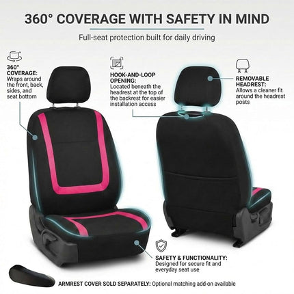 FH Group Car Seat Covers Full Set Pink Cloth - Universal Fit Automotive Seat Covers, Low Back Front Seat Covers, Solid Back Seat Cover, Washable Car Seat Cover for SUV, Sedan and Van, FB032PINK114