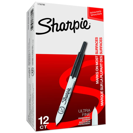 Rotuladores permanentes Sharpie retráctiles, punta ultra fina, negros, paquete de 12 unidades