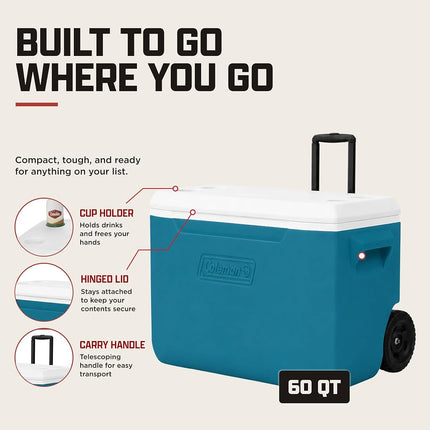 Coleman Chiller Series 60qt Wheeled Insulated Portable Cooler, Ice Retention Hard Cooler with Heavy Duty Wheels and Handle