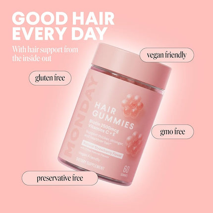 MONDAY HAIRCARE Hair Gummies for Thicker and Stronger Hair (60 Count) Strawberry Flavored - Biotin, Vitamin C, E, Supplement for Women and Men