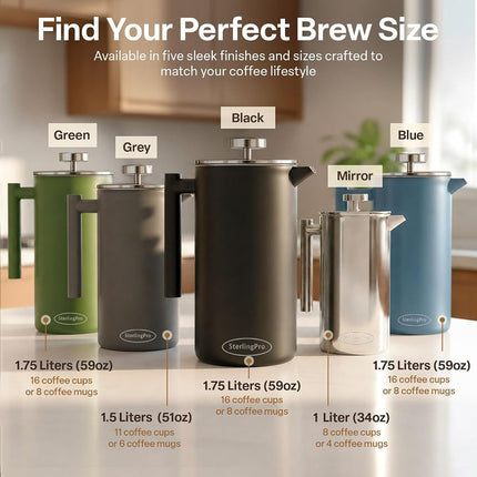 Cafetière à piston en acier inoxydable SterlingPro 1 L (34 oz) miroir – Grande cafetière à double paroi isolée, conception durable pour garder les boissons chaudes, facile à utiliser et à nettoyer pour une infusion riche en saveur