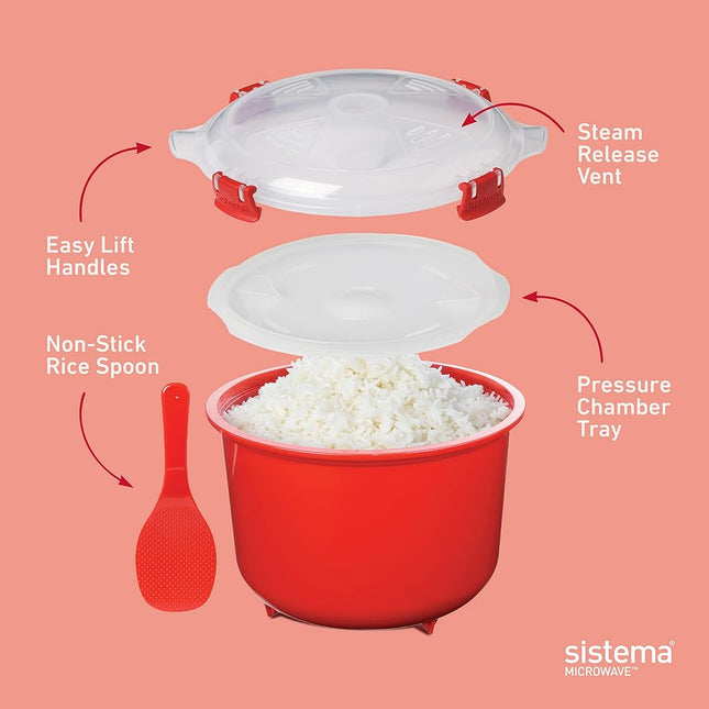 Sistema 82001ZS Microwave Rice Cooker (2.6L) and Round Microwave Food Container (915ml) BPA-Free, Red/Clear
