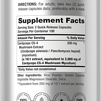 Cordyceps Capsules | 2000mg | 200 Count | Non-GMO Mushroom Supplement | Cordyceps Sinesis | by Horbaach