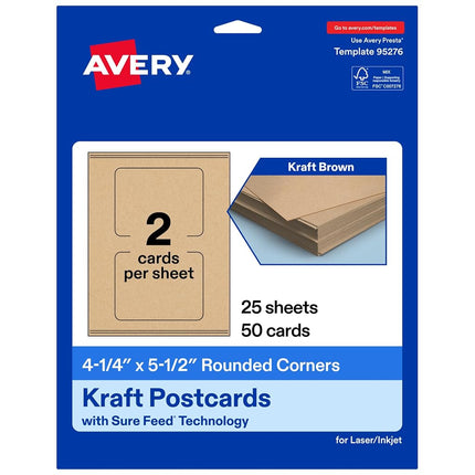 Avery Printable Rectangle Rounded Corner Postcards with Sure Feed Technology, 4.25" x 5.5", Kraft Brown Cardstock, Print-to-the-Edge, Laser/Inkjet Cards, 50 Total