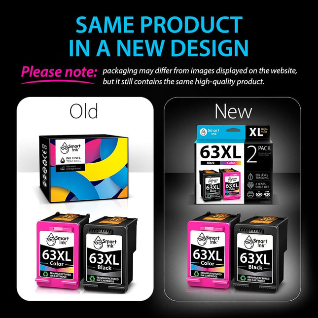 Smart Ink Re-manufactured Ink Cartridge Replacement for HP 63XL 63 XL (Black & Color 2 Combo Pack) use with Deskjet 1110 1112 2130 3630 3632 Envy 4510 4516 4520 4522 4525 Officejet 3830 4650 4655 5220