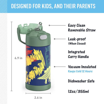 Thermos FUNTAINER Water Bottle with Straw - 12 Ounce, Dinosaurs - Kids Stainless Steel Vacuum Insulated Water Bottle with Lid