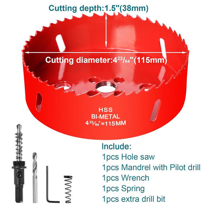 4-23/64 Inch / 115mm Hole Saw for Wood, Plastic Board, Ceiling,Drywall, and Metal Sheet - HSS Bi-Metal Hole Cutter with Pilot Drill Bit