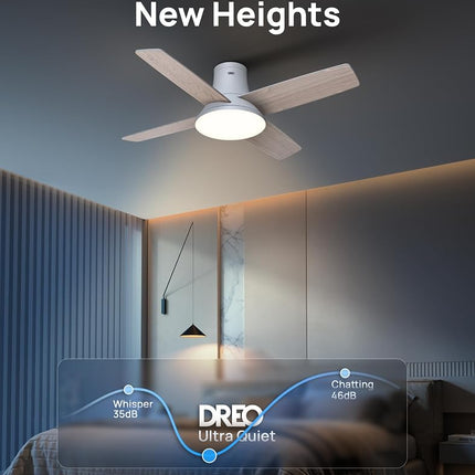 DREO Ceiling Fans with Lights, 44 inch Low Profile White Ceiling Fan, Reversible, 5CCT, 6-Level Dimmable, 6 Speeds Bedroom Ceiling Fan, Quiet, Easy to Install, Timer, Flush Mount, Remote Control