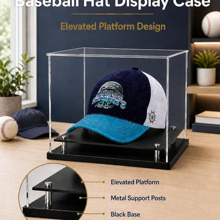 Clear hat Display case for Baseball,Acrylic Cap Holder Stand for Baseball, Football or Snapback Caps,Mini Helmet.Baseball Cap Display case with Metal feet Base
