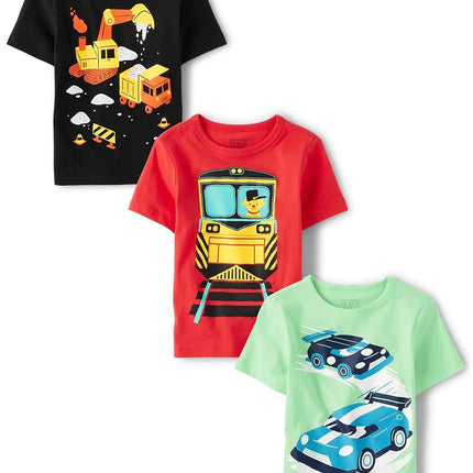 The Children's Place T-shirts graphiques à manches courtes Véhicules pour bébés et tout-petits garçons, paquet multiple, Voitures de course/Train/Construction, 12-18 mois