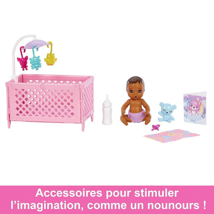 Barbie Doll and Accessories, Crib Playset with Skipper Friend Doll, Baby Doll with Sleepy Eyes, Furniture and Themed Accessories