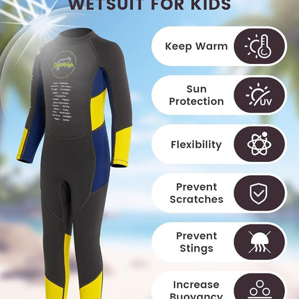 Gogokids Wetsuit Kids, Children 2.5mm Neoprene Thermal Swimsuit with UV 50+ Protection, Full Length One Piece for Ages 2-10 Boys & Girls Swimming, Surfing, Diving, Snorkeling