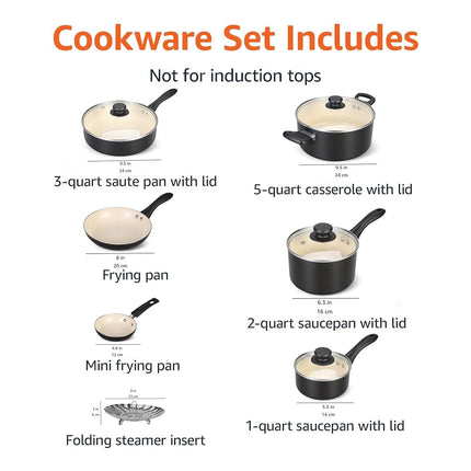 Amazon Basics 11-Piece Ceramic Non-Stick Pots and Pans Set, Dishwasher & Oven Safe, Non-Toxic, Easy Clean, Black/Cream