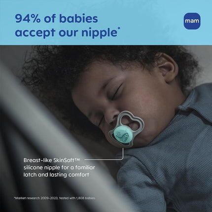 MAM Supreme Night Baby Pacifier, for Sensitive Skin, Patented Nipple, 2 Pack, 6-16 Months, Boy