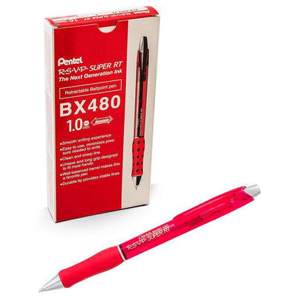 Bolígrafo Pentel RSVP Super RT, (1,0 mm) trazo medio, tinta roja, caja de 12 unidades, (BX480-B)