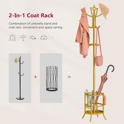 Tajsoon Coat Rack with Umbrella Holder, Coat Tree With 16 Hooks, Gold