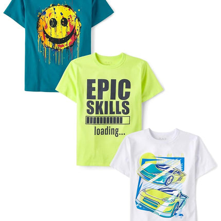 The Children's Place Boys' Vehicle Short Sleeve Graphic T-Shirts,multipacks, Smile/Epic Skills/Cars, Large