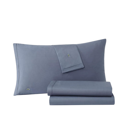 Lacoste 100% Cotton Percale Sheet Set, Solid, Vintage Indigo, Queen