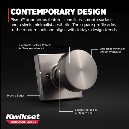 Kwikset 97300-933 Pismo Bedroom/Bathroom Door Knob, Round, Satin Nickel