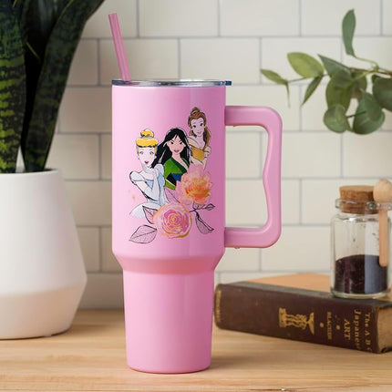 Silver Buffalo Disney Princess Featuring Cinderella, Mulan, Belle, Ariel, Tiana, and Jasmine Double Walled Stainless Steel Tumbler with Handle and Straw, Fits in Standard Cup Holder, 40 Ounces