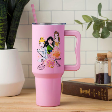 Silver Buffalo Disney Princess Featuring Cinderella, Mulan, Belle, Ariel, Tiana, and Jasmine Double Walled Stainless Steel Tumbler with Handle and Straw, Fits in Standard Cup Holder, 40 Ounces