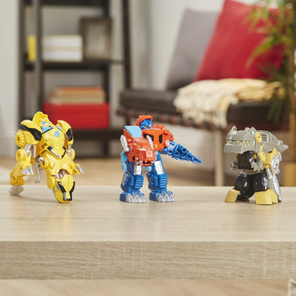 Transformers Playskool Primal Team-Up Pack de 3 con figuras convertibles de dinosaurios Optimus Prime, Bumblebee y Grimlock, juguetes de 11,4 cm, para niños de 3 años en adelante (Exclusivo de Amazon)