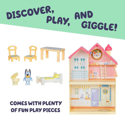 Bluey Mini Home Playset Compact House Playset With Carry Handle Three Different Rooms Kitchen, Bedroom and Bathroom Includes Figure With 5 Play Pieces