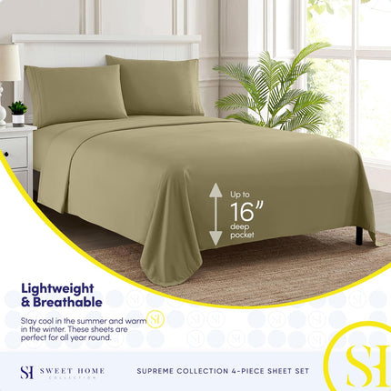 Sweet Home Collection Luxury Bedding Set with Flat, Fitted Sheet, 2 Pillow Cases, Microfiber, Sage, King
