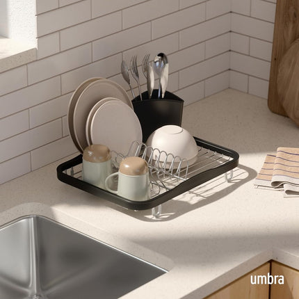 Umbra Sinkin Dish Drying Rack – Drainer Caddy with Removable Cutlery Holder – Use in Sink or On Counter, Standard, Black/Nickel