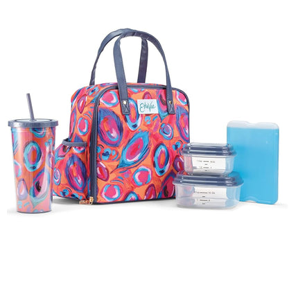 Fit & Fresh Wichita Insulated Lunch Bag with Side Pouch & Carry Handles, Complete Lunch Kit Includes Matching Tumbler, 2 Containers & Ice Pack, Abstract Peacock