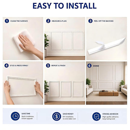 TRAIN2 Art 6 Sets Peel and Stick Wall Molding Kit, Ready to Assemble Wainscoting Panels for Interior Wall Moulding Decor，Pre Made Wainscoting Wall Panel for Living Room Bedroom Accent Wall