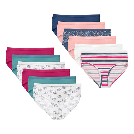 Hanes Brief Underwear, Stretch Cotton Panties for Girls, Assorted, 12-Pack, Pink, Teal, Navy, Floral Prints, Stripe Print, 12