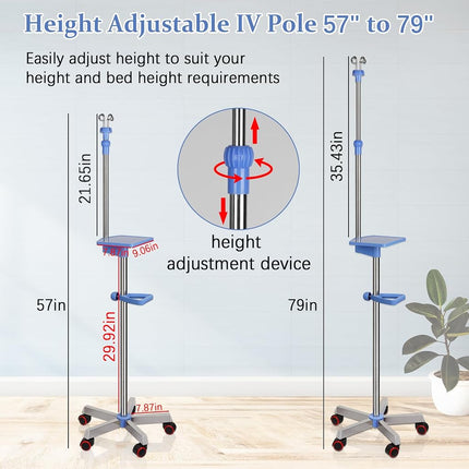 Ozzptuu Medical IV Pole with wheels Stainless Steel Adjustable 57" to 79" Height IV Stand with Tray and 4 Hooks for IV Hospital Home Infusion Practice and Therapy