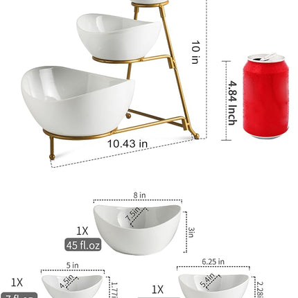 YHOSSEUN 3 Tier Serving Stand Oval Serving Bowl with Metal Rack, Tied Serving Tray Food Display Dessert Appetizer, Serving Bowl Fruit Chip Dip Bowl Set for Parties, Gold