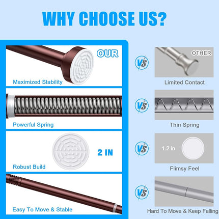 TEECK Shower Curtain Rod, 32-104 inch Adjustable Spring Tension Curtain Rod, Never Rust Anti-Slip Shower Curtain Rod for Bathroom, No Drilling, Never Collapse, Easy to Use, Brown