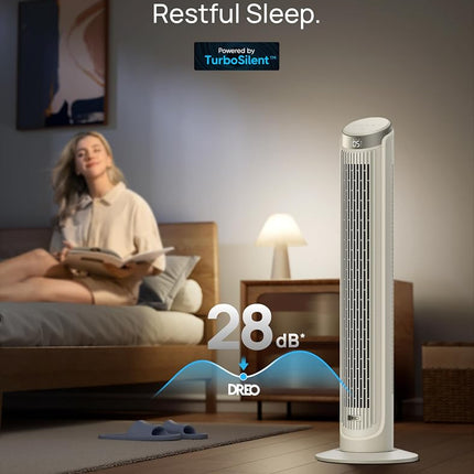 Dreo Tower Fans for Bedroom, 90� Oscillating Fans for indoors, 4 Modes 5 Speeds Max 26ft/s, 12H Timer, LED Display with Touch, Remote, 40" Quiet Bladeless Standing Floor Fan for Home Office, White