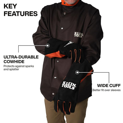 KLEIN TOOLS 60915 MIG Welding Gloves, X-Large, Split Cowhide Leather, Flame Resistant Fleece Lining, Reinforced Palm, Thumb and Forefinger, Kevlar Aramid Stitching