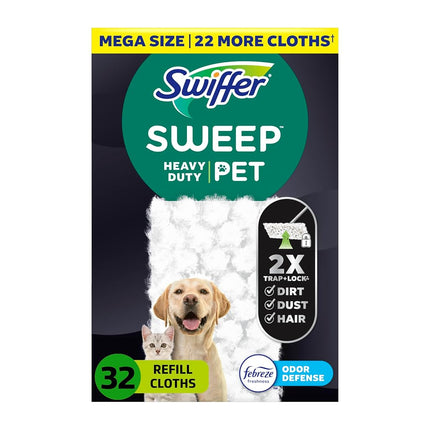 Swiffer Sweeper Pet, Heavy Duty Dry Sweeping Cloth Refills with Febreze Odor Defense, 32 Count