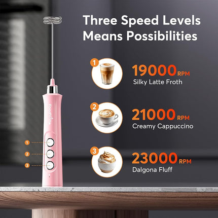 BourneHouse USB Rechargeable Milk Frother, Handheld Electric Whisk, 3 Speed Settings, for Latte, Matcha, Protein Powder, Keto Diet (Pink)